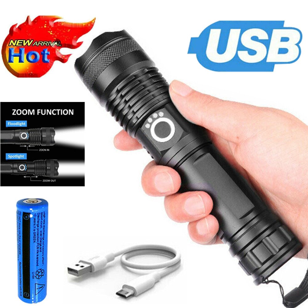 LED Flashlight Zoom USB Rechargeable Super Bright Torch Camping Lamp ...