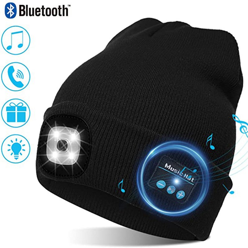Mic Array Hat Unisex Bluetooth Beanie Hat with Light; Built-in Speaker Mic; Headlamp ...
