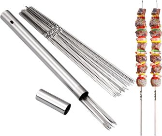304 Stainless Steel 14.8" Long Flat Barbecue Skewers,20PCS/40PCS BBQ Kebab Skewers with Portable Metal Storage Tube