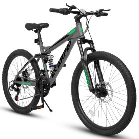 A2460 24 Inch Mountain Bike With Full Suspension, 21 Speed Grip Shifters, High Carbon Steel Frame, Mechanical Disc Brakes, Unisex For Men Women A (Option: Grey)