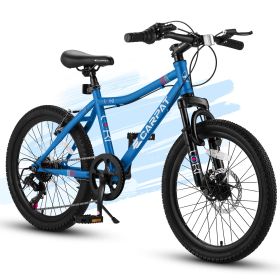 S20101 20 Inch Kids' Bike, Boys Girls Mountain Bike Ages 6-12, 7 Speed Teenager Children Kids' Bicycles, Front Suspension Disc Brake Rear V-Brake (Option: Blue)