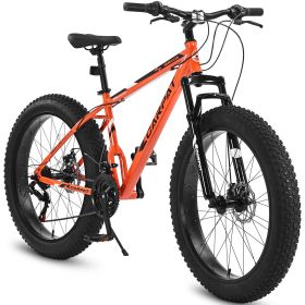 S26109 26 Inch Fat Tire Bike Adult-Youth Full Shimano 21 Speed Mountain Bike, Dual Disc Brake, High-Carbon Steel Frame, Front Suspension, Mountai (Option: Orange)