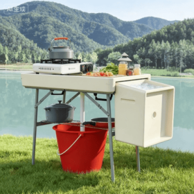 3.4ft Folding Ice Cooler Table With Drain, Fill And Chill Table Outdoor Table Cooler With Storage Shelf, Drink Cooler For Parties Picnic BBQ Camp (Option: Tan)